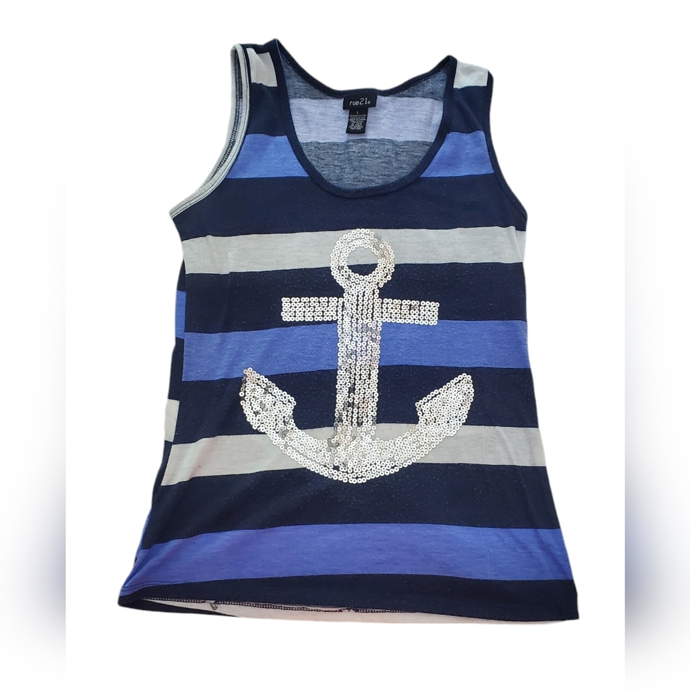 Rue21 Womens Sequined Blue and White‎ Anchor Tank Top Size Large